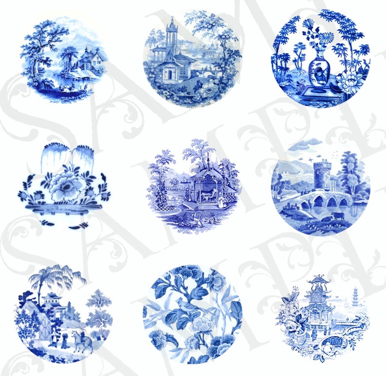 Vintage Blue Willow China Graphics Jewelry Circles Download Images Bundle of 8 files Png Jpg zdjęcie 4