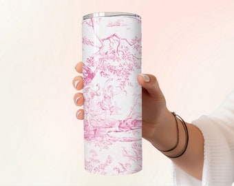 Antique Pink & White French Hunting Pattern 20oz Skinny Tumbler with Straw, 20oz