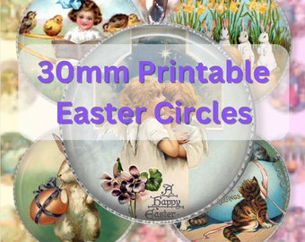 30mm Vintage EASTER Printable Circles Collage Sheet Digital Download Bottle Cap Jewelry Cabochon Designs Easter Sticker Designs in Png & Jpg