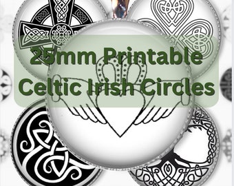 Hoja de collage de círculos imprimibles CELTIC de 25 mm en blanco y negro, descarga digital de joyería con tapa de botella, diseños de cabujones, diseños de pegatinas irlandesas