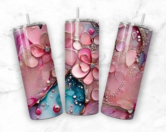 Flower Bling Tumbler Sublimation Design Png Digital Pink and Teal Straight Skinny Tumbler Wrap Instant Download