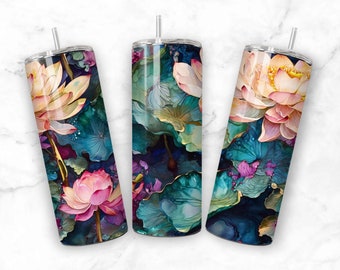 Pink Teal Yellow Lotus Flow Art 20oz Sublimation Tumbler Seamless Design Straight Skinny Tumbler Wrap Seamless PNG File