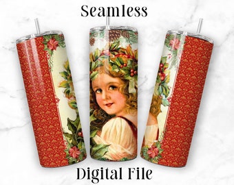 Christmas Girl 20oz Sublimation Tumbler Designs, Vintage Victorian Style 9.2 x 8.3” Straight Skinny Tumbler Wrap PNG