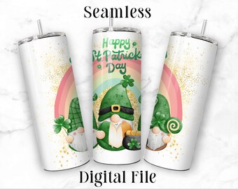 Gnomes Shamrocks St Patricks Day Sublimation Tumbler Design for 20oz Skinny Tumblers Print-ready Hi resolution Png Seamless