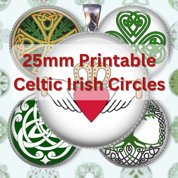 25mm CELTIC druckbare Kreise Collage Bogen in grün und weiß, digitaler Download Kronkorken Schmuck Cabochon Designs Irish Sticker Designs