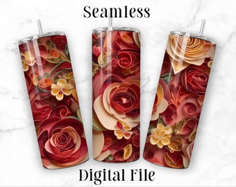 3D Red Roses Seamless 20oz Sublimation Tumbler Designs, 9.2 x 8.3” Straight Skinny Tumbler Wrap PNG