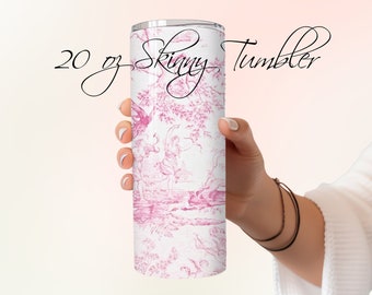 French Hunting Toile Antique Pink & White 20oz Skinny Tumbler with Straw