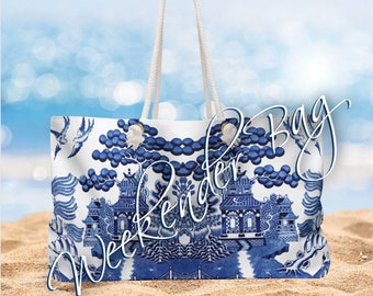 Bolso de fin de semana de sauce azul, bolso de playa, bolso de fin de semana boho, bolso de noche de mamá, bolso de fin de semana, tote de sauce azul, bolso de mano toile, bolso de noche