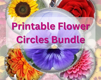 Flower Bundle Printable Circles for Flower Stickers and Flower DIY Jewelry Making, 8 Files, 4 Sizes, PNG and JPG