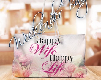 Happy Wife Floral Weekender Bag, Beach Bag, Boho Weekender Bag, Cottagecore Tote, Weekend Bag, Wedding Gift Tote Bag, Bride Overnight Bag
