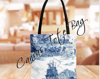 VIntage Sailing Ship Canvas Tote Bag en azul y blanco, bolsa de playa, bolsa de comestibles, tote portátil, bolsa de fin de semana, tote escolar, bolso de hombro