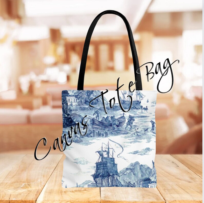 VIntage Sailing Ship Canvas Tote Bag in Blue-and-white, Beach Bag, Grocery Bag, Laptop Tote, Weekender Bag, School Tote, Shoulder Bag