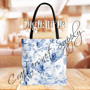 Puede incluir: Una bolsa de tela blanca con un patrón floral azul y blanco con pájaros y jaulas. El texto "Digital File" está impreso en la bolsa.