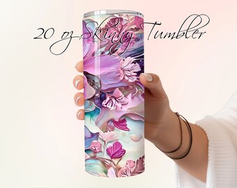 Vaso flaco con pajita de 20 oz con patrón sin costuras de hibisco rosa