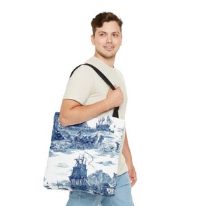 Sac fourre-tout vintage en toile voilier bleu et blanc, sac de plage, sac de courses, fourre-tout pour ordinateur portable, sac de week-end, fourre-tout d'école, sac à bandoulière image 3