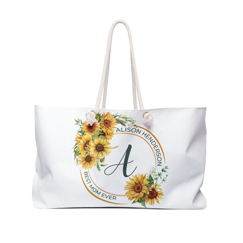 BEST MOM Personalize Sunflower Weekender Bag, Beach Bag, Boho Weekender Bag, Cottagecore Tote, Weekend Bag, Sunflower Overnight Tote Bag image 2