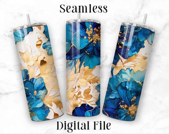 Blue and Gold Flowers 20oz Sublimation Tumbler Seamless Design Straight Skinny Tumbler Wrap Seamless PNG