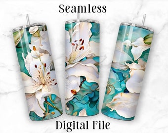 Teal and White Lily Flowers 20oz Sublimation Tumbler Seamless Design Colorful Teal  Straight Skinny Tumbler Wrap Seamless PNG