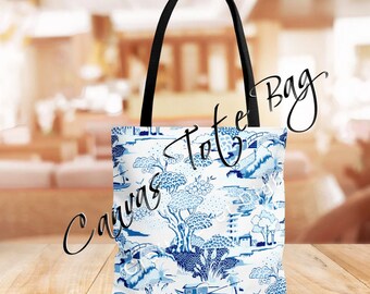 Vintage Blue White Oriental Pattern Canvas Tote Bag, Beach Bag, Grocery Bag, Laptop Tote Bag, Weekender Bag, School Tote, Shoulder Bag