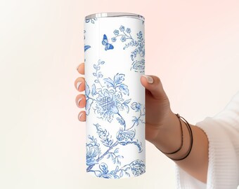 Antique Blue & White FLORAL Toile China Seamless Pattern 20oz Skinny Tumbler with Straw, 20oz