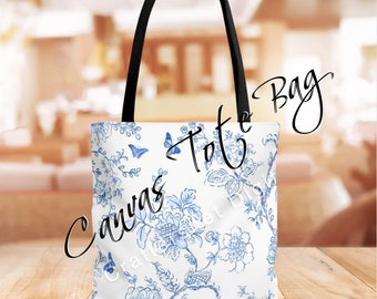 Butterfly Toile Canvas Tote Bag, Blue & White Pattern, Laptop Tote Bag, Weekender Bag, School Tote, Shoulder Bag, Makeup Bag