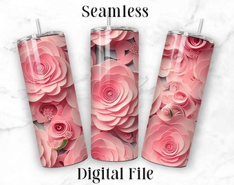 3D Pink Roses Seamless 20oz Sublimation Tumbler Designs, 9.2 x 8.3” Straight Skinny Tumbler Wrap PNG