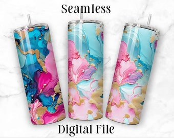 Pink Teal Gold Flow Art 20oz Sublimation Tumbler Seamless Design Straight Skinny Tumbler Wrap Seamless PNG File