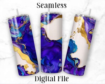 Violet Blue Gold Flow Art 20oz Sublimation Tumbler Seamless Design Straight Skinny Tumbler Wrap Seamless PNG File