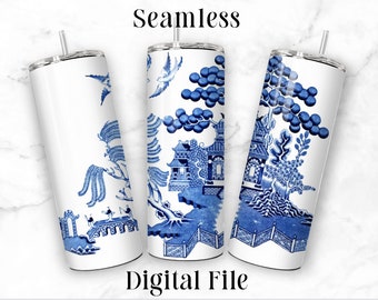 ANTIQUE BLUE WILLOW China Pattern Ready-to-print Sublimation Tumbler Wrap, 300dpi Hi-resolution Png, Skinny Tumbler Design, Seamless