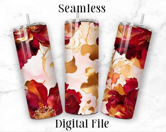 Crimson Red and Gold Flowers 20oz Sublimation Tumbler Seamless Design Straight Skinny Tumbler Wrap Seamless PNG File