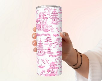 Antique PINK WILLOW Pattern 20oz Skinny Tumbler with Straw, 20oz