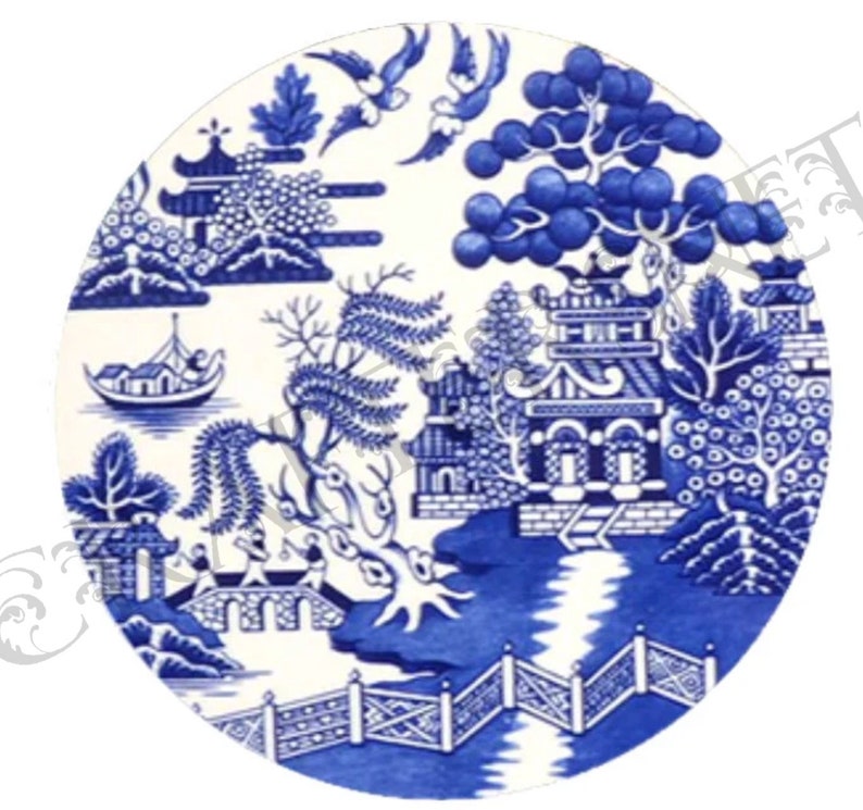 ANTIQUE China Pattern BLUE Willow Digital Graphic Bundle, 4 Files, 25mm and 30mm sizes, Png & Jpg formats, Instant Download, DIY Cab Jewelry