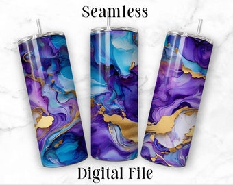 Teal Purple Gold Flow Art 20oz Sublimation Tumbler Seamless Design Straight Skinny Tumbler Wrap Seamless PNG File