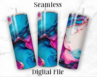 Fuschia Aqua White Flow Art 20oz Sublimation Tumbler Seamless Design Straight Skinny Tumbler Wrap Seamless PNG File