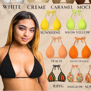 May include: A collection of crochet bikini tops in various solid colors and patterns, including white, creme, caramel, mocha, chocolate, black, sunkissed, sunshine, neon yellow, barbie, neon pink, red, peach, neon orange, pumpkin, neon green, olive, rbyg, dayglow, sunrise, butterfly, flower, and candy.