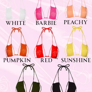 May include: A collection of handmade crochet bikini tops in various colors, including white, pink, orange, red, yellow, olive green, and black. Each top is labeled with its color name, such as "Barbie" and "Sunshine".