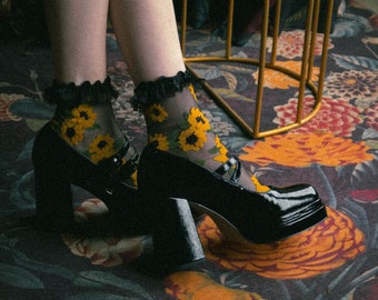 Sheer Sunflower Socks in Black & Yellow with Lace Ruffle Fringe - Floral Botanical Transparent Nylon Ankle Socks Elegant Vintage Fashion