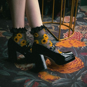 Sheer Sunflower Socks in Black & Yellow with Lace Ruffle Fringe - Floral Botanical Transparent Nylon Ankle Socks Elegant Vintage Fashion