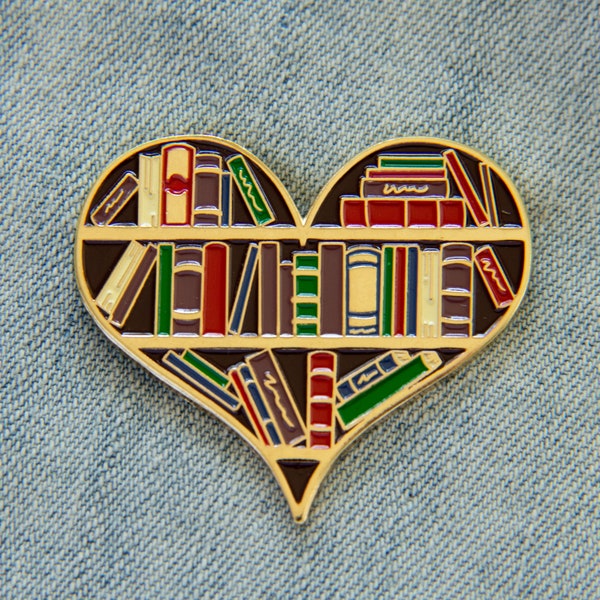Library Heart Shaped Bookshelf Enamel Pin in Gold - Gifts for readers, writers, authors - Women's Books Literature Jewelry Hat Lapel Brooch