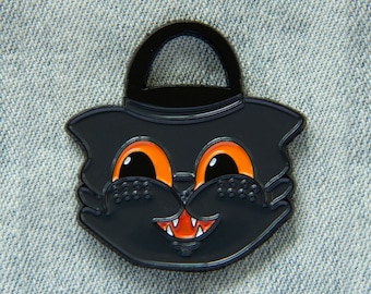 Vintage Halloween Trick or Treat Bucket Enamel Pin - Cute Cartoon Black Cat Fall Fashion - Women's Gothabilly Style Spooky Brooch Accessory