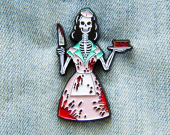 1950's Halloween Skeleton Diner Waitress Enamel Pin Bloody Cherry Pie with Knife Horror Themed Lapel Brooch Rockabilly Zombie Style Fashion
