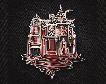 Bleeding Haunted Mansion Enamel Pin, Black Silver Red - Goth Aesthetic Lapel Jewelry Women's Witchy Style Victorian House Gift Horror Art