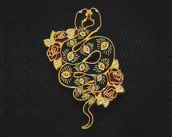 Two Headed Conjoined Snake Enamel Pin - Gold, Black, Red Roses - Evil Eye Spirituality Witchy Magic Lapel Hat Brooch Accessory Gift Art