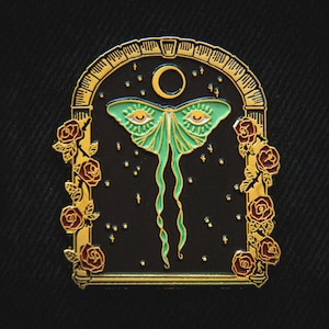 Luna Moth Moon and Stars Gold Enamel Pin - Surreal psychedelic art spiritual symbols lapel hat brooch for women - witchy nature fashion gift