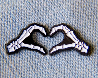 Skeleton Hands Heart Sign Enamel Pin Set of 2 - Punk Rock Horror Wedding Gift Goth couples Love Romantic Spooky Witchy Halloween Fashion