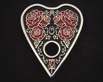 Rose Ouija Board Planchette Enamel Pin in Black, Red, & Silver - Goth Aesthetic Fashion Accessory Lapel Button Badge Brooch Occult Oddities