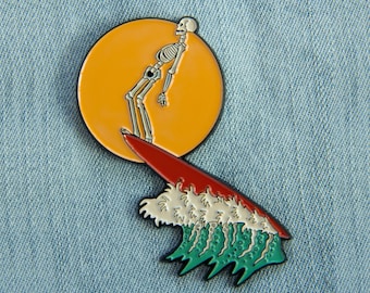 Ectogasm Surfing Skeleton Enamel Pin - Beach Goth Punk Style Lapel Accessory Unisex Fashion Streetwear - Surfer Gift Wave Ocean Patch