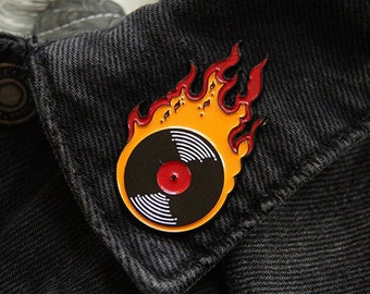 Flaming Vinyl Record Enamel Pin - Black, Red, Orange - Music Lovers Gift Punk Fashion Rock and Roll Style Unisex Women's Men's Accessory