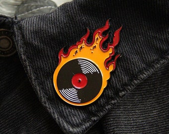 Flaming Vinyl Record Enamel Pin: Music Lover Accessory