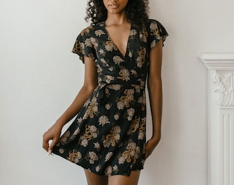 Ophelia Mini Wrap Dress in Snakes & Chrysanthemums - Women's Alternative Edgy Fashion Witch Aesthetic - Black and Gold